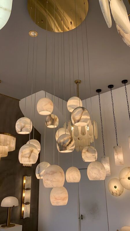 Ball Horizontal Oval Stone Alabaster Restaurant Pendant Light Staircase Creative Art Linear LED Marble Globe Cluster Chandelier